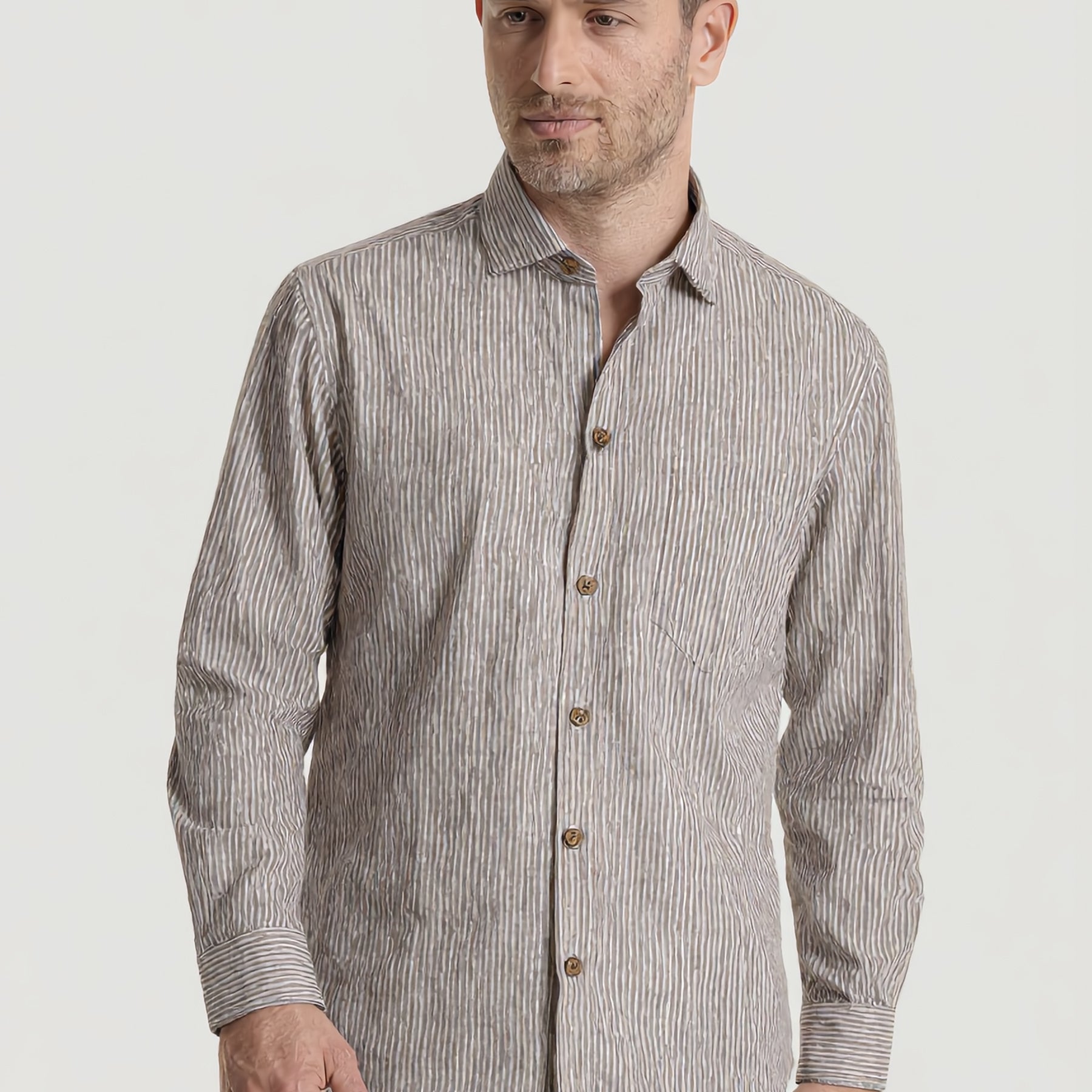 YES ZEE Camicia Uomo Lino Rigato Collo Francese ART. 01C505