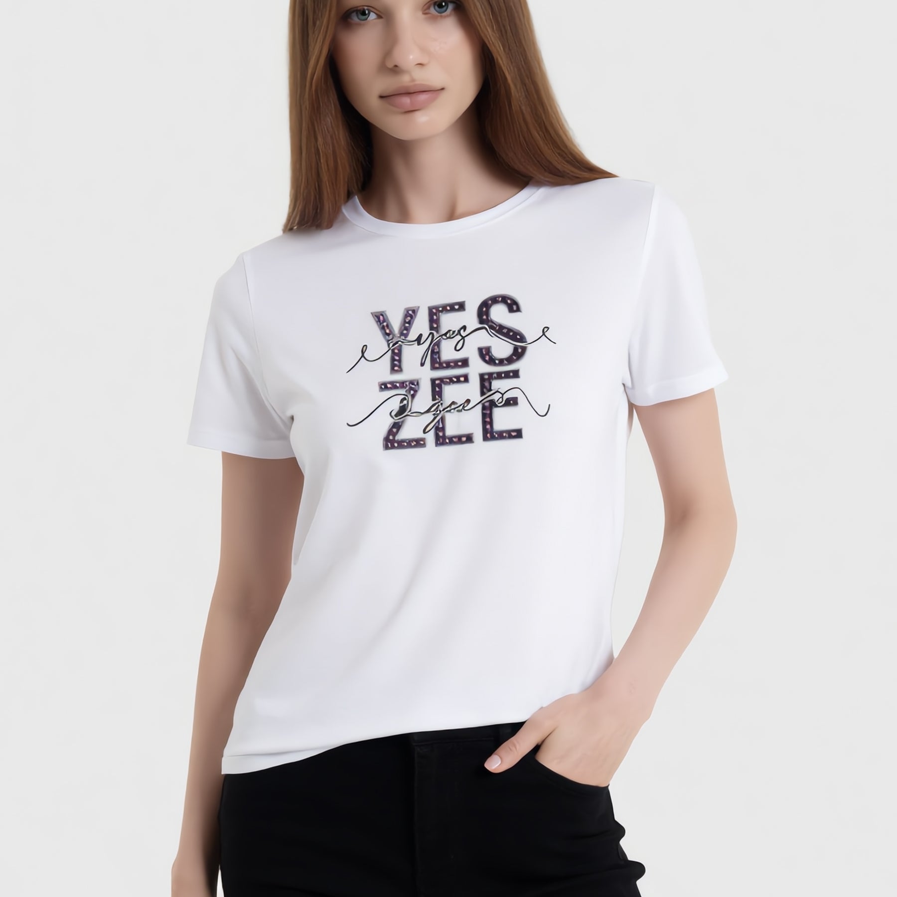 YES ZEE T-Shirt Donna Mezza Manica Con Stampa E Strass ART. 01T264