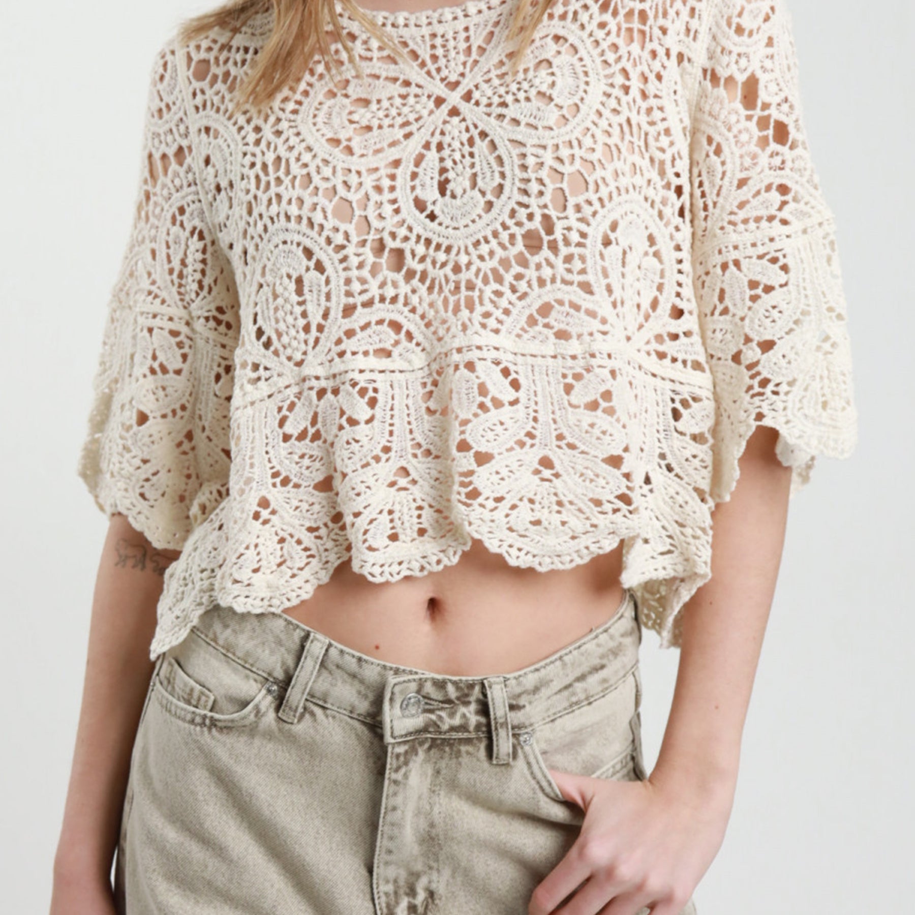 SUSY MIX Maglia Donna Maniche 3/4 Crochet Crop Estiva 28016