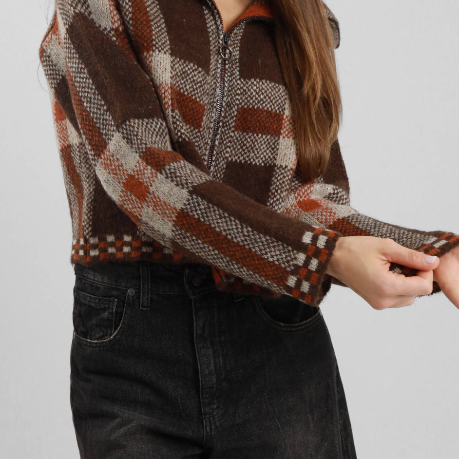 SUSY MIX Maglia Donna alla Moda Zip Collo Over Check