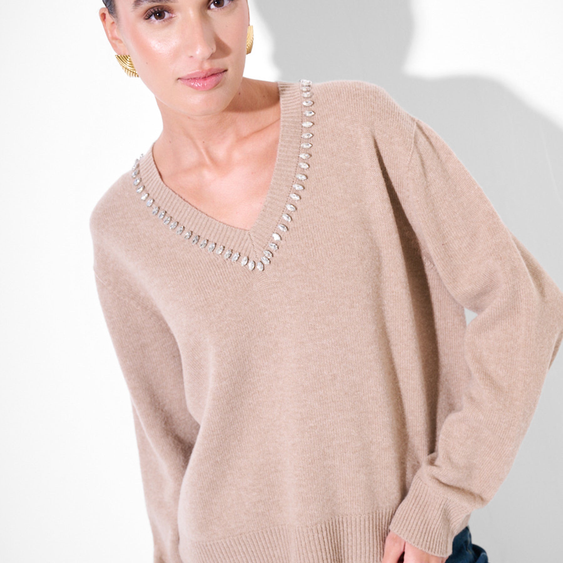 KIKISIX Maglia Donna Lana e Cashmere Strass sul Collo ART. KXMA1386