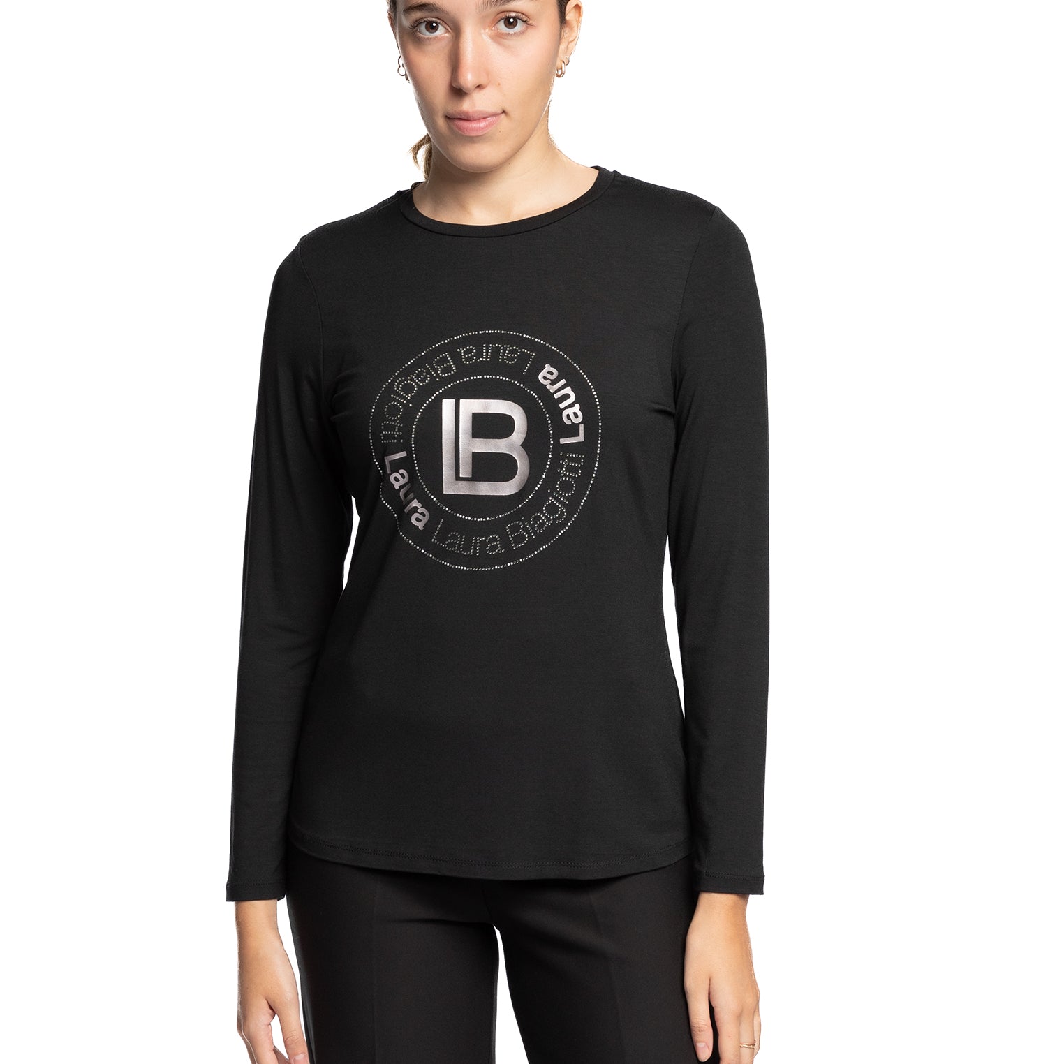 Maglia in maglina a maniche lunghe con logo in strass LAURA BIAGIOTTI LB24I1566