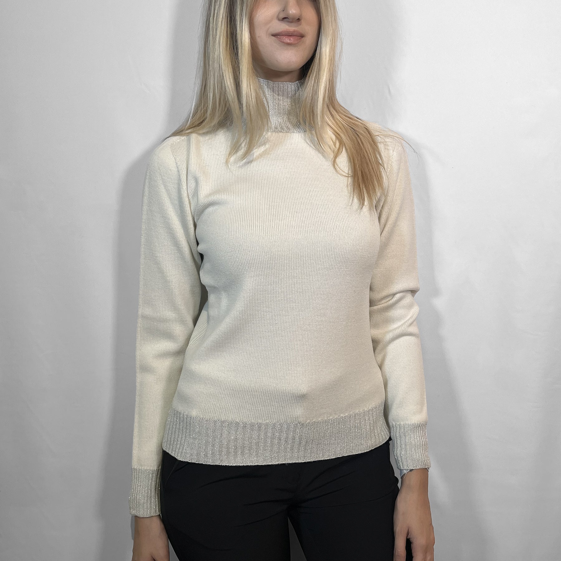 PREMODE Maglia Donna Collo Alto Lupetto Lana Profili Lurex ART. 325626