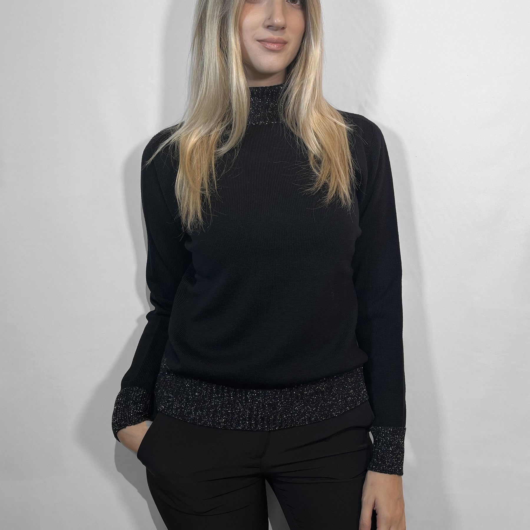 PREMODE Maglia Donna Collo Alto Lupetto Lana Profili Lurex ART. 325626