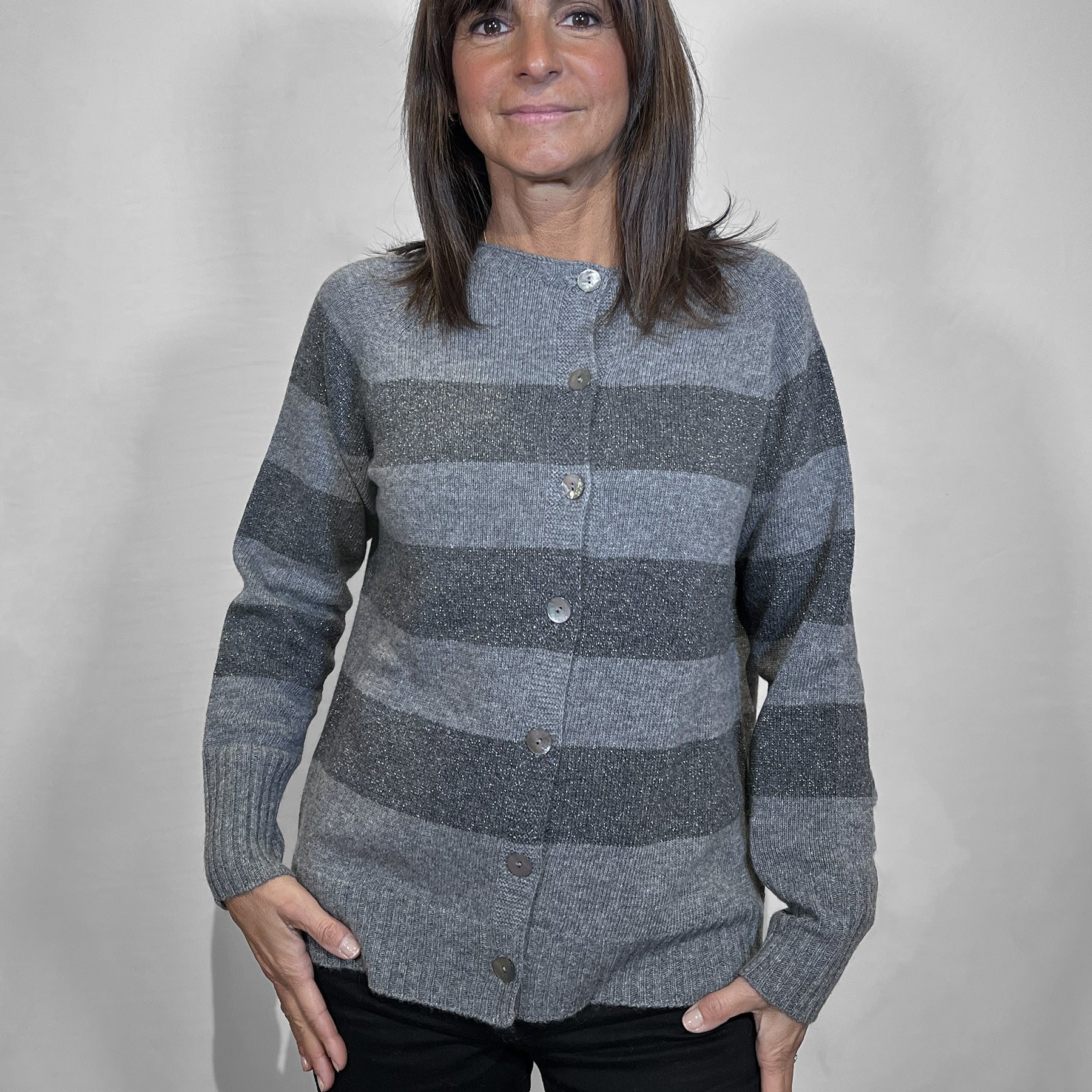 PREMODE Giacca maglia donna a coreana rigata lana cashmere e lurex ART. 345522