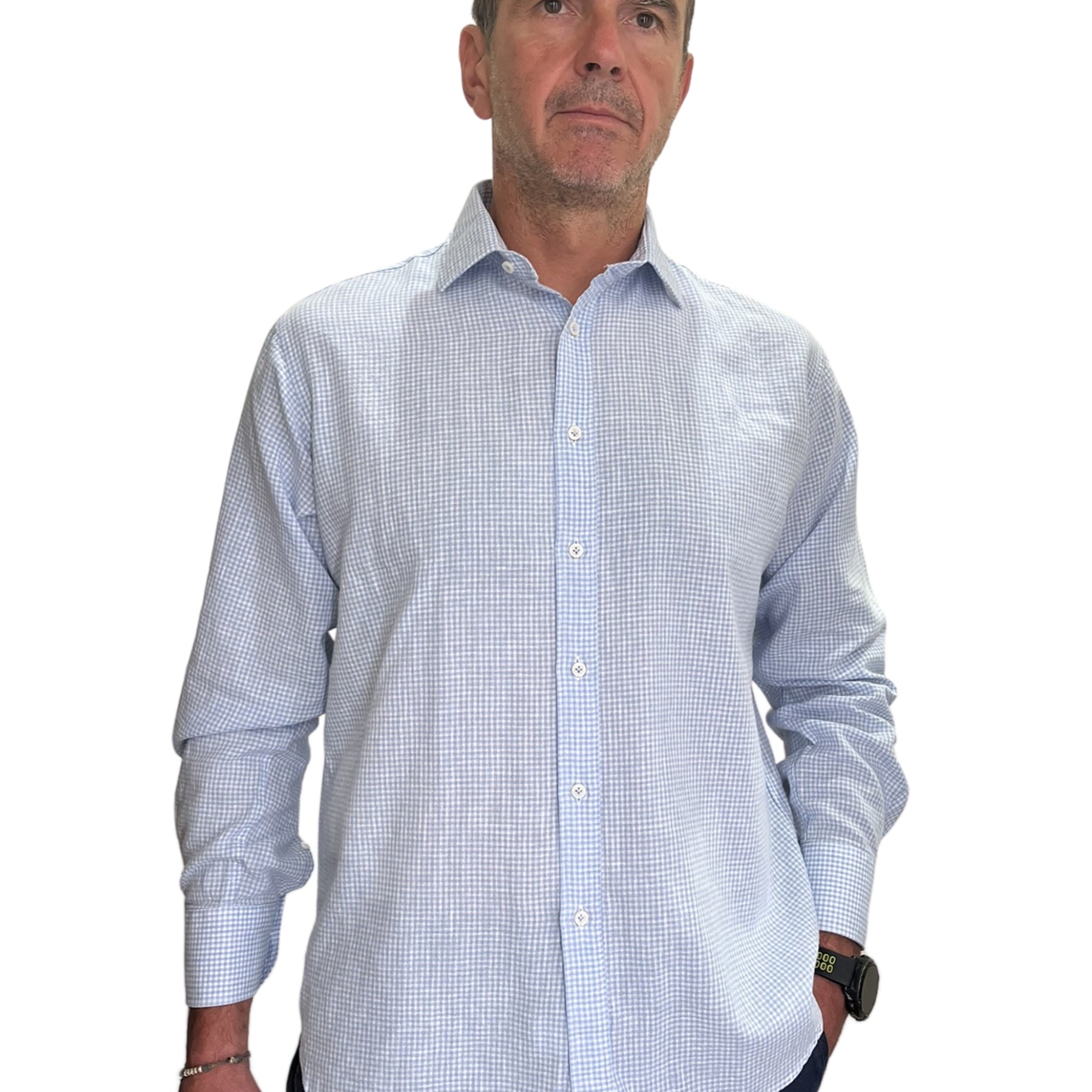 Camicia Uomo Manica Lunga Lino e Cotone Microquadretti INGRAM 5T031-216-REG-C