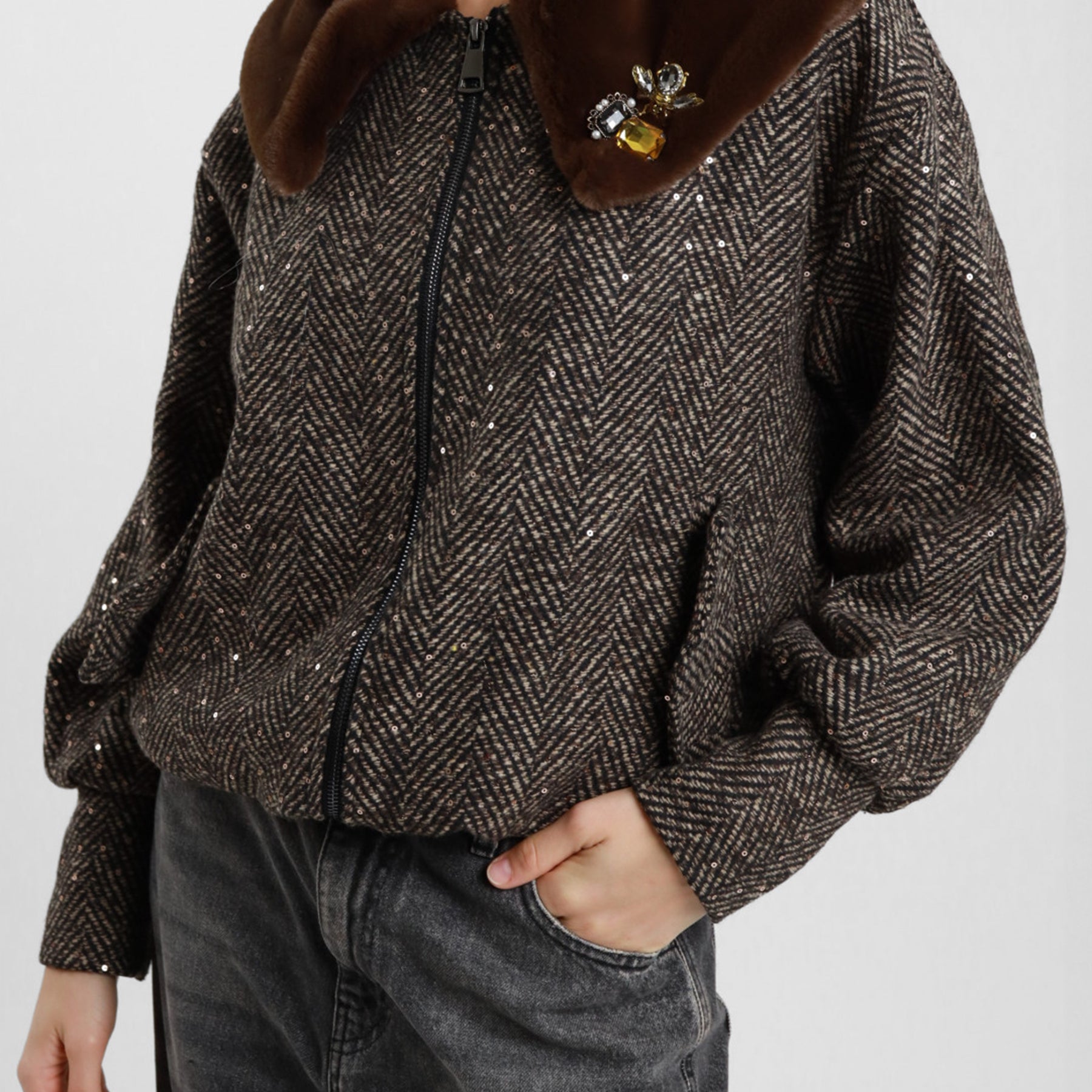 SUSY MIX Bomber Spinato Con Collo In Epelliccia Morbido Donna Inverno ART.S0062