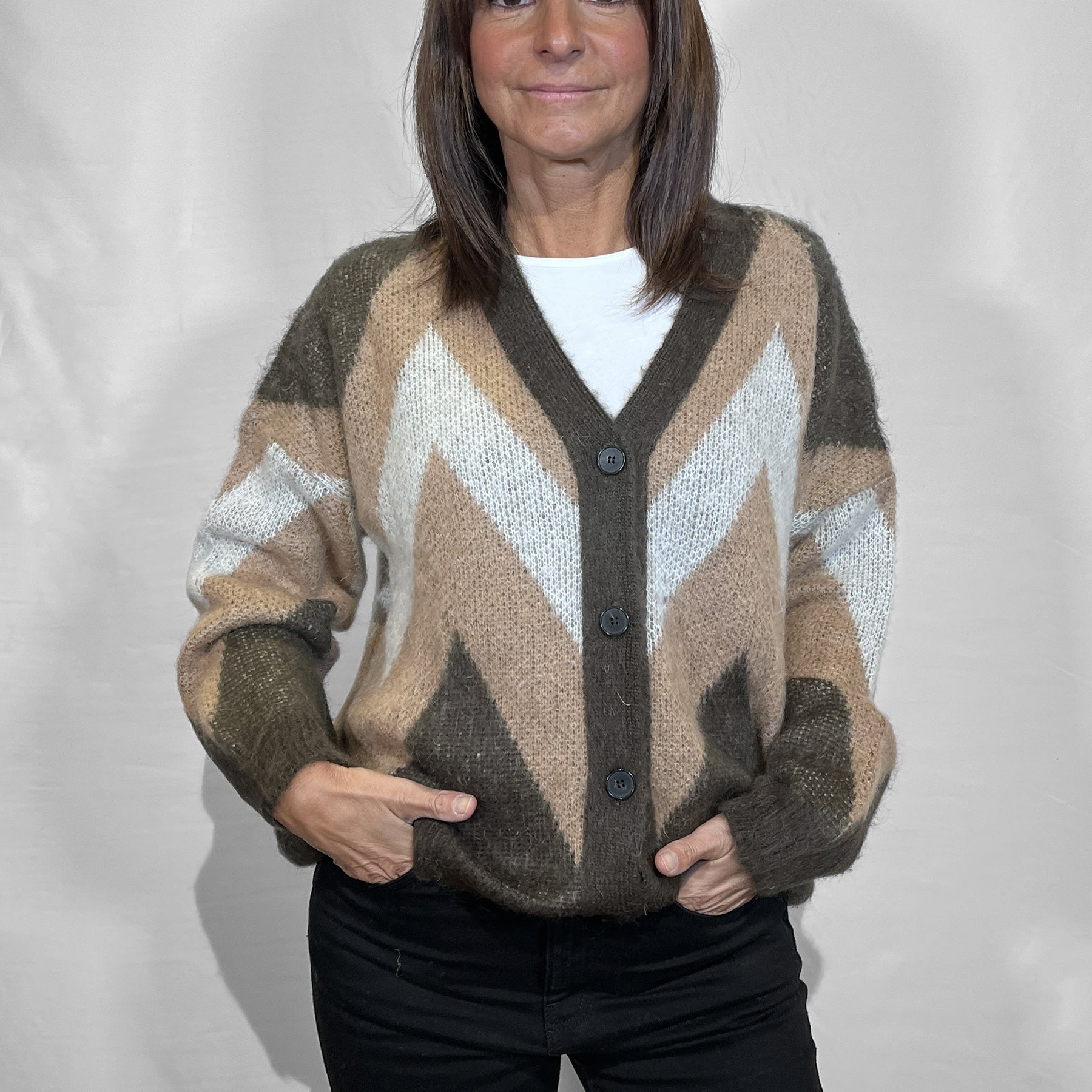 VICOLO Cardigan Donna Morbido Mohair Fantasia Zig Zag Invernale ART. 55116F