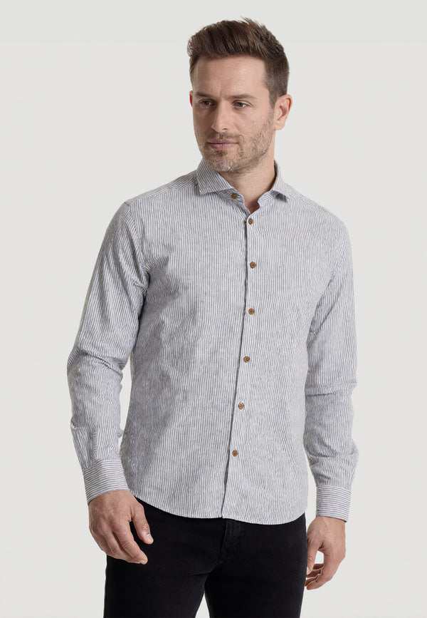 YES ZEE Camicia Uomo Lino Rigato Collo Francese ART. 01C505