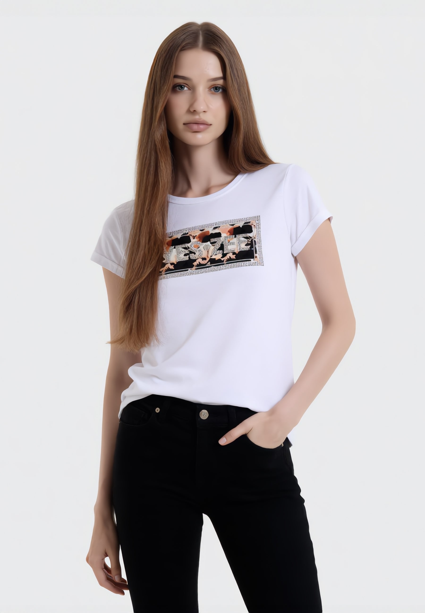 YES ZEE T-Shirt Donna Stampa Strass Mezza Manica ART. 01T226