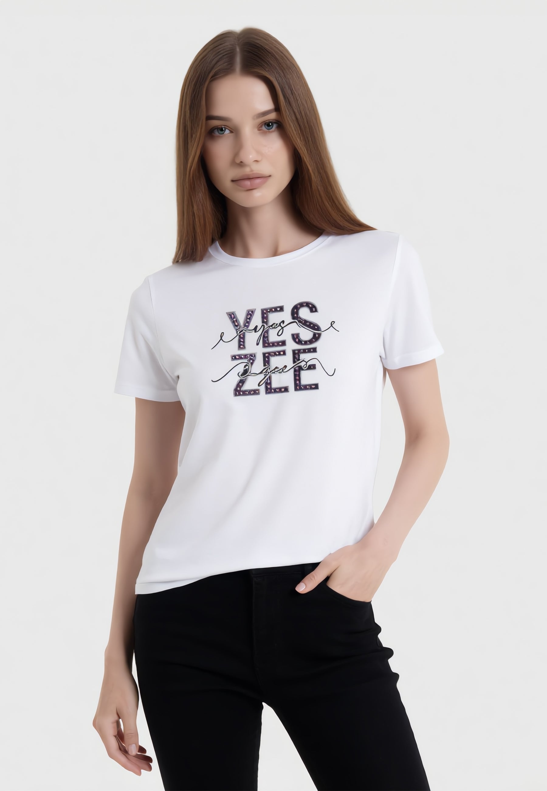 YES ZEE T-Shirt Donna Mezza Manica Con Stampa E Strass ART. 01T264
