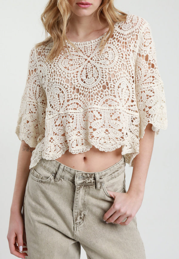 SUSY MIX Maglia Donna Maniche 3/4 Crochet Crop Estiva 28016