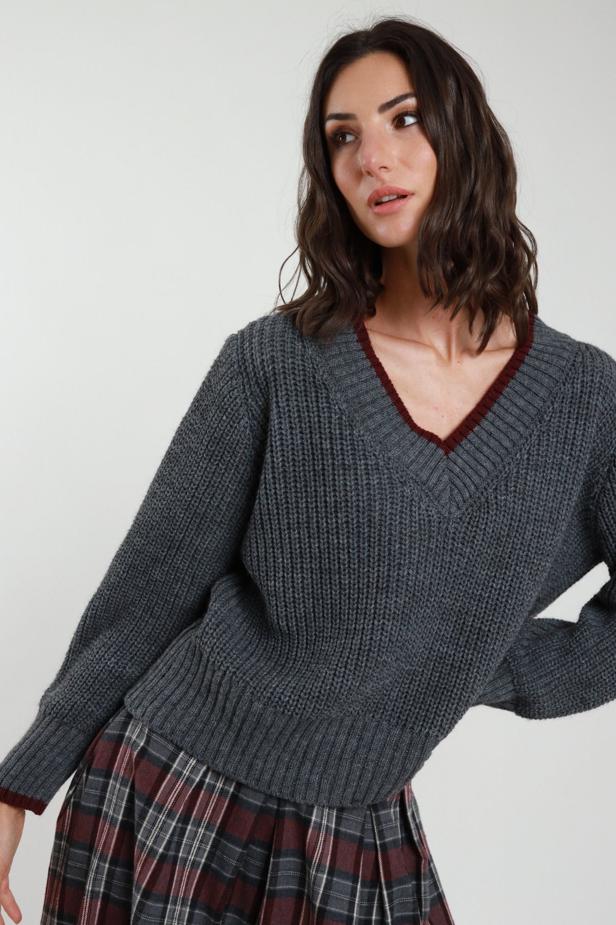 SUSY MIX Maglia Donna Scollo V Bordo Contrasto Lavorata a Coste ART. 5951