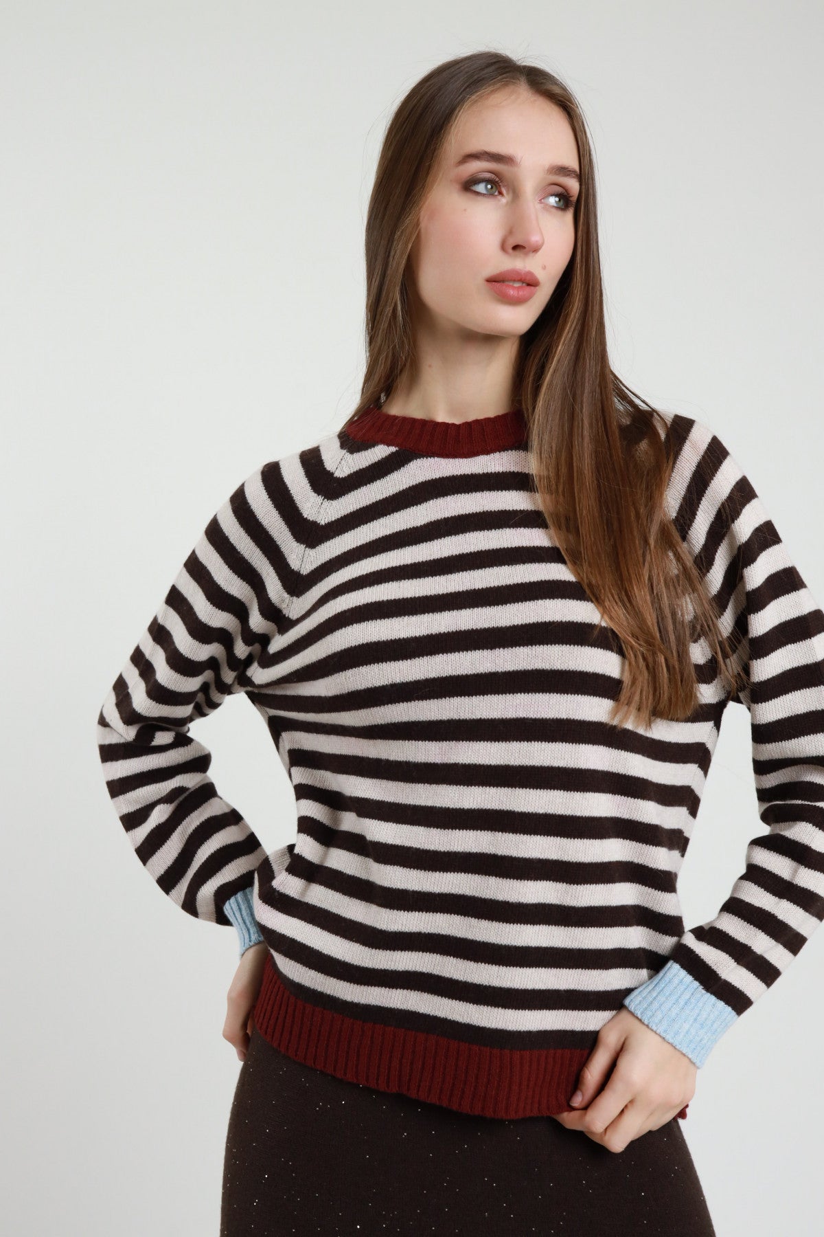 SUSY MIX Maglia Donna Manica Lunga Rigata Bordo Contrasto ART. 26651