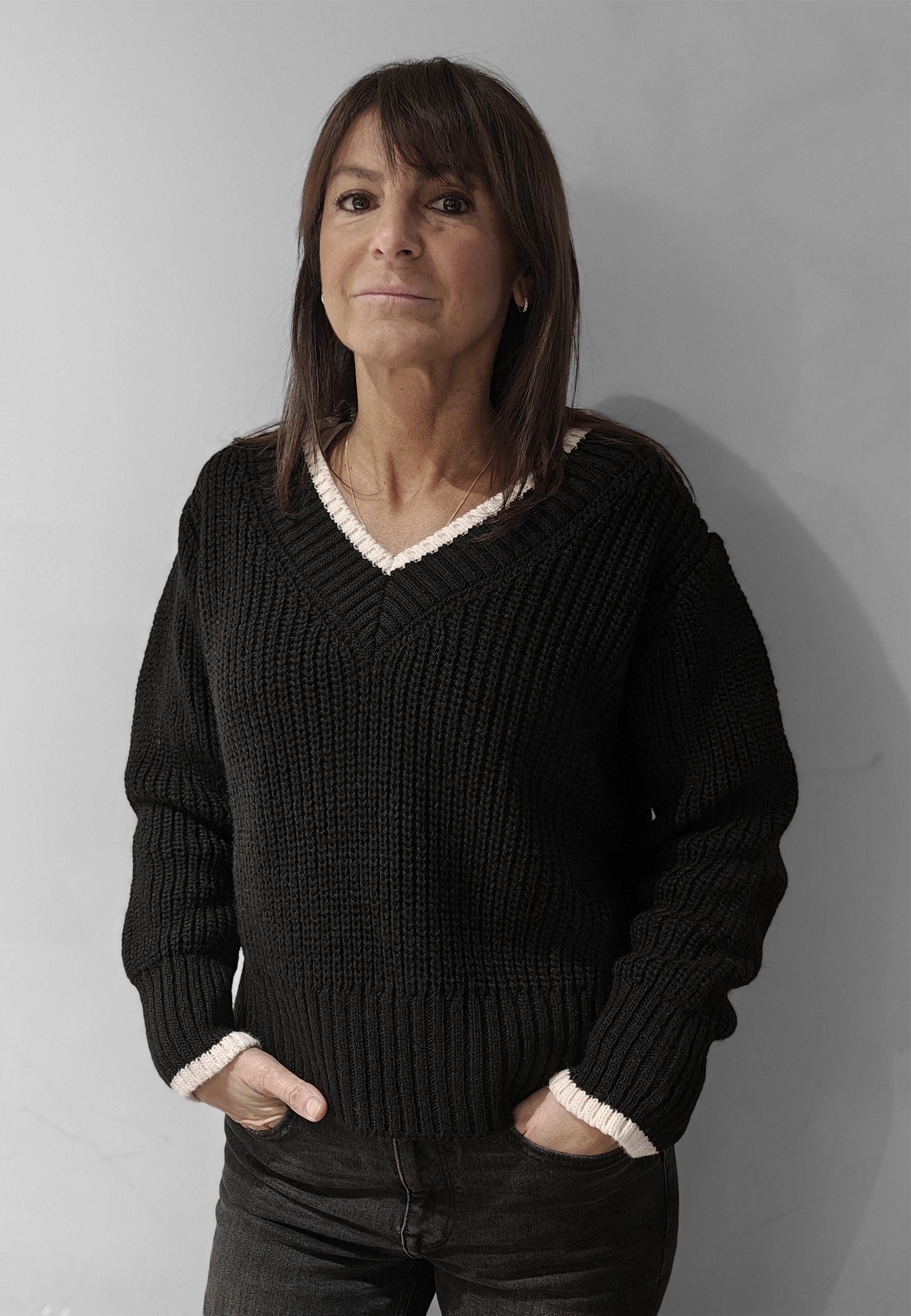 SUSY MIX Maglia Donna Scollo V Bordo Contrasto Lavorata a Coste ART. 5951