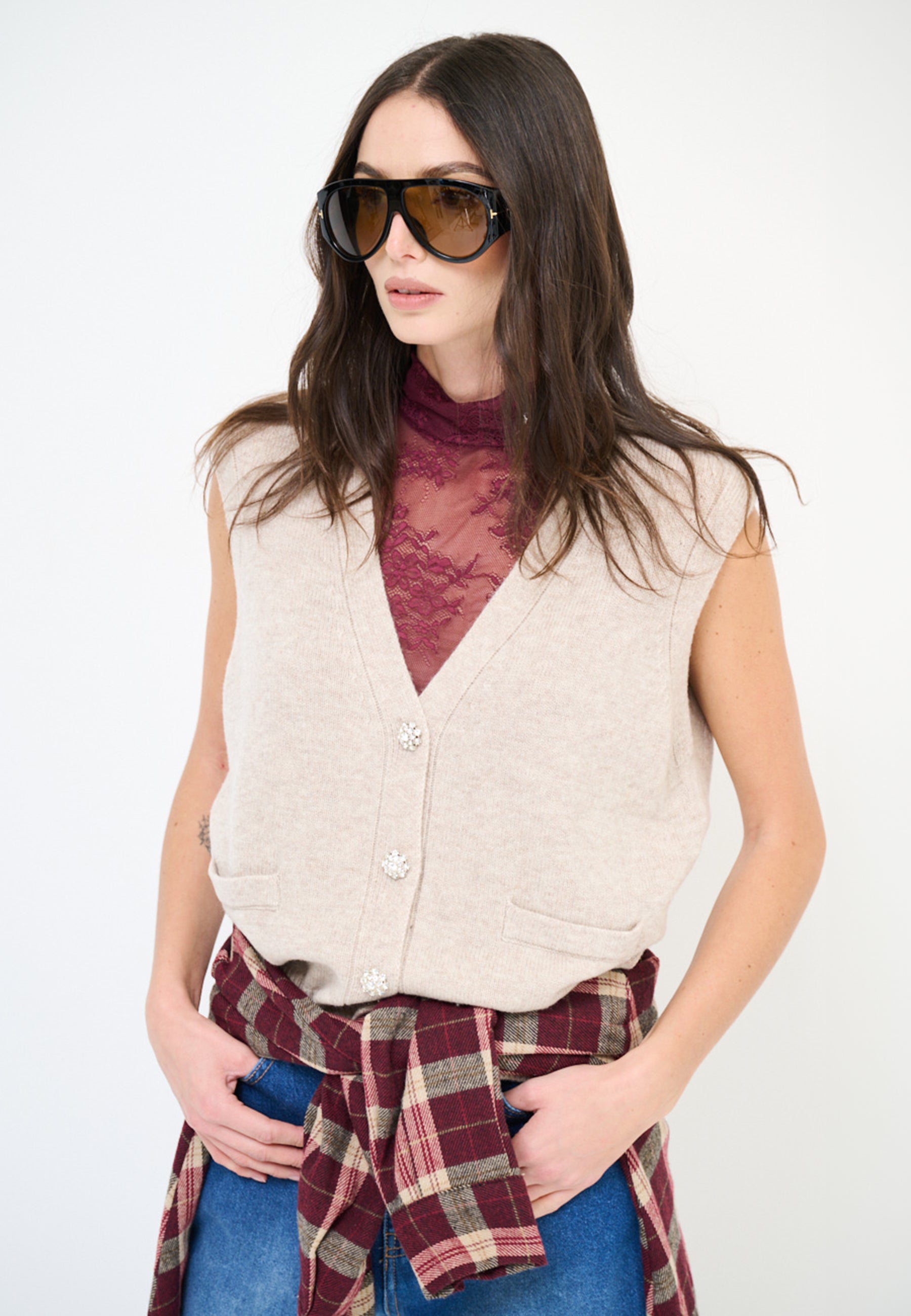 KIKISIX Gilet Caldo Donna in Lana con Scollo V e Bottoni Gioiello ART. KXGL1842