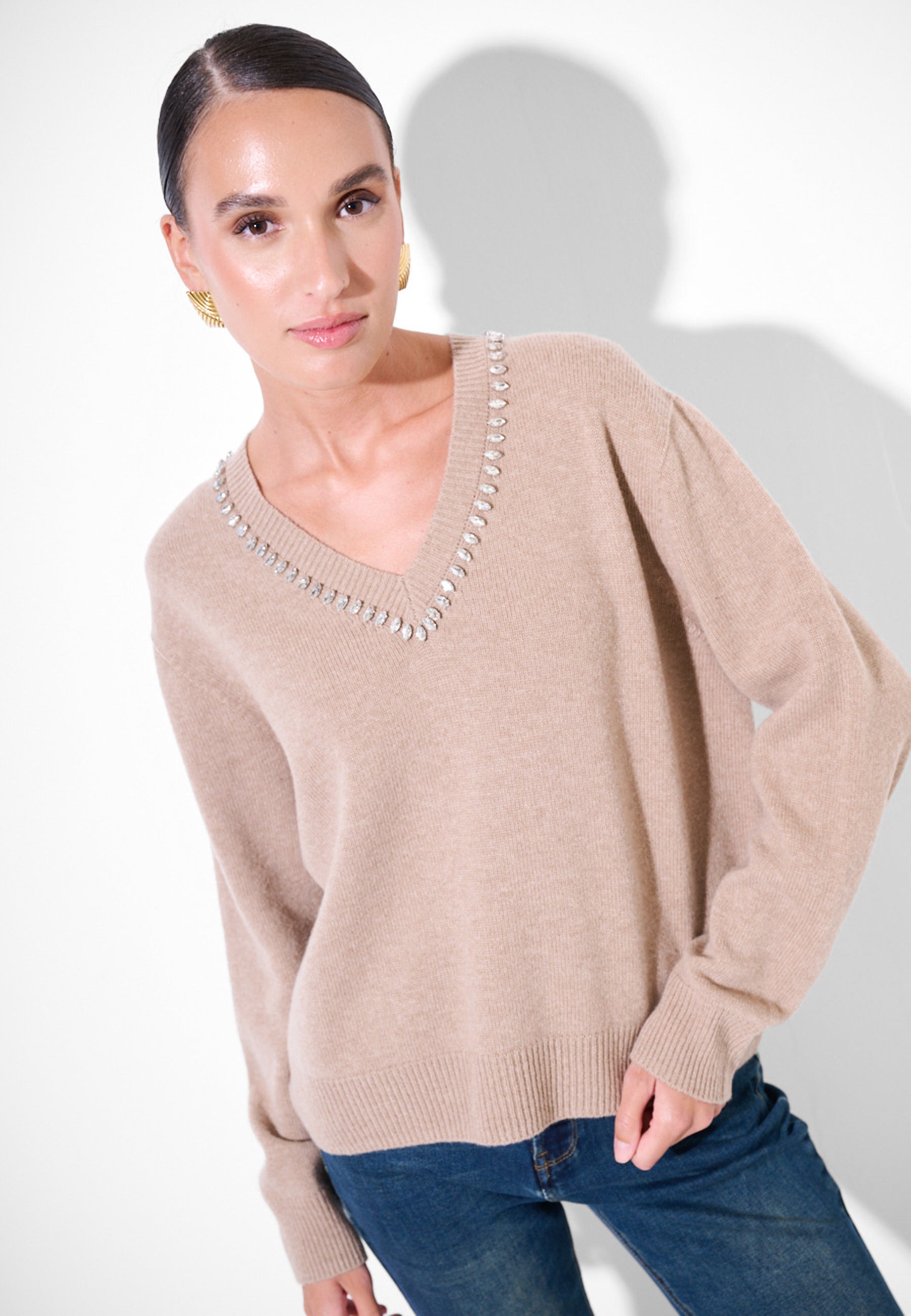 KIKISIX Maglia Donna Lana e Cashmere Strass sul Collo ART. KXMA1386