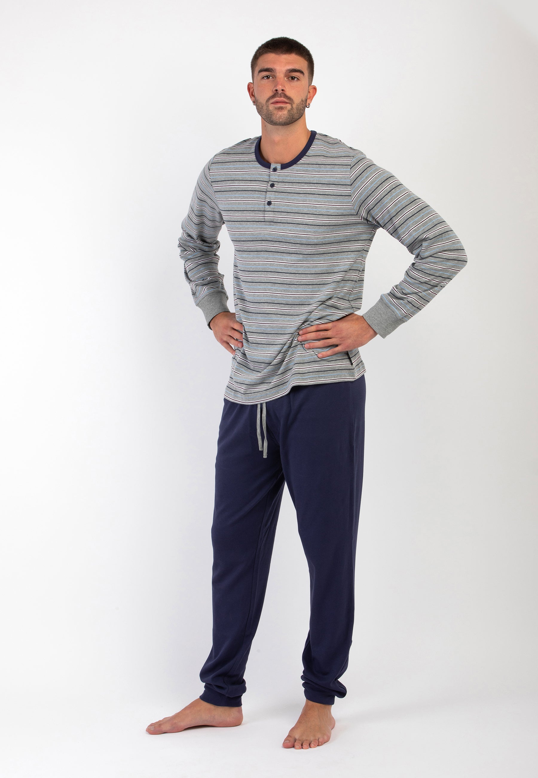 LOVABLE LVB Pigiama Uomo In Cotone, Aperto Con Bottoni, Manica Lunga, Taglio Rilassato, Colore Grigio, Taglia M