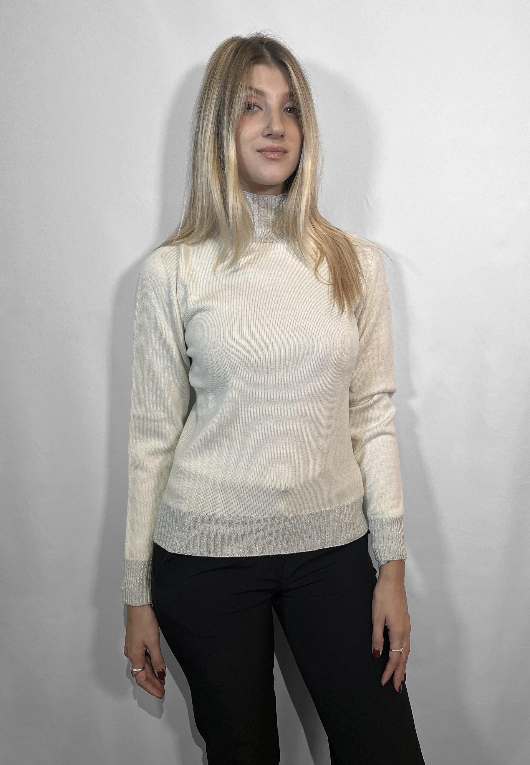 PREMODE Maglia Donna Collo Alto Lupetto Lana Profili Lurex ART. 325626