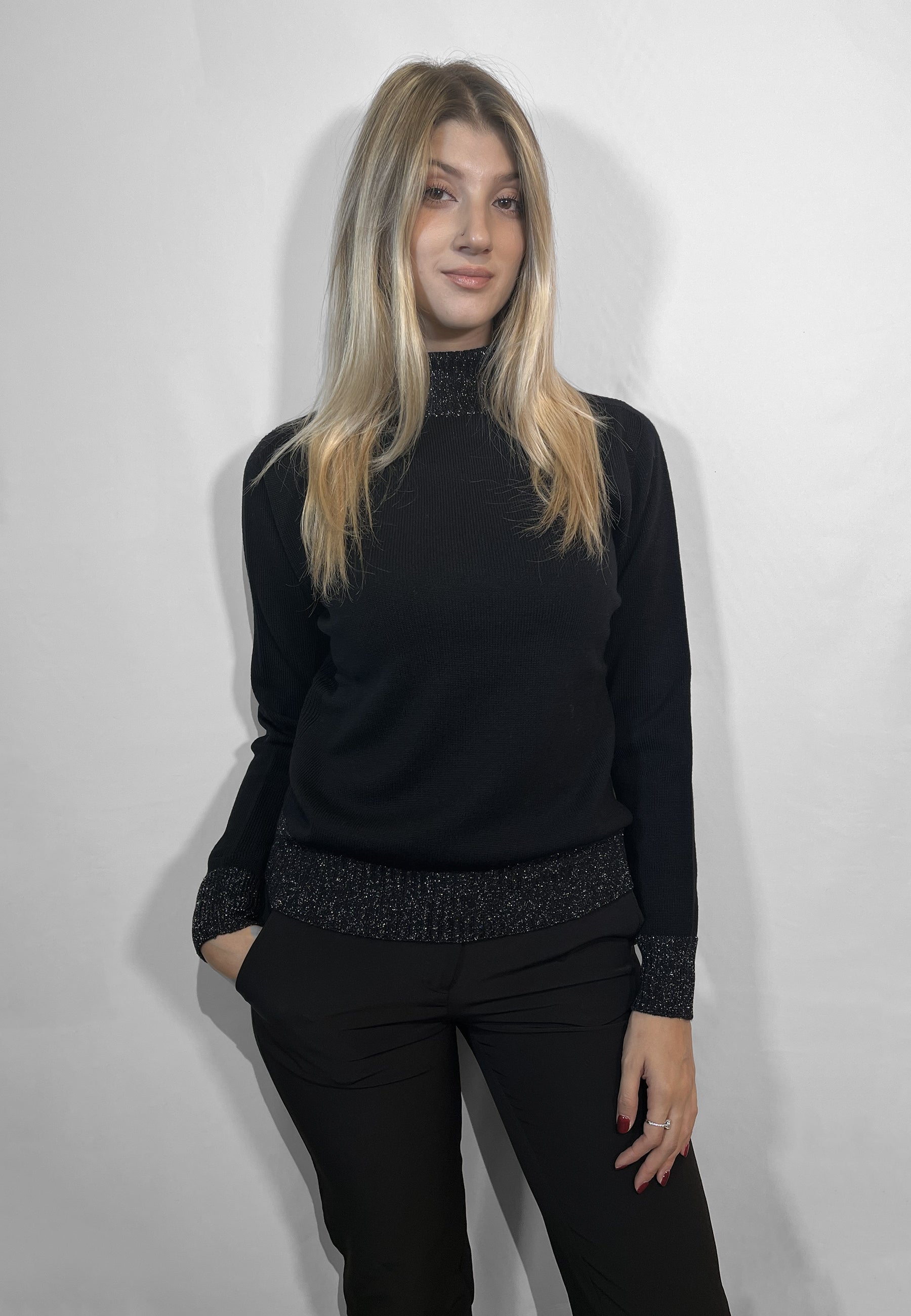 PREMODE Maglia Donna Collo Alto Lupetto Lana Profili Lurex ART. 325626