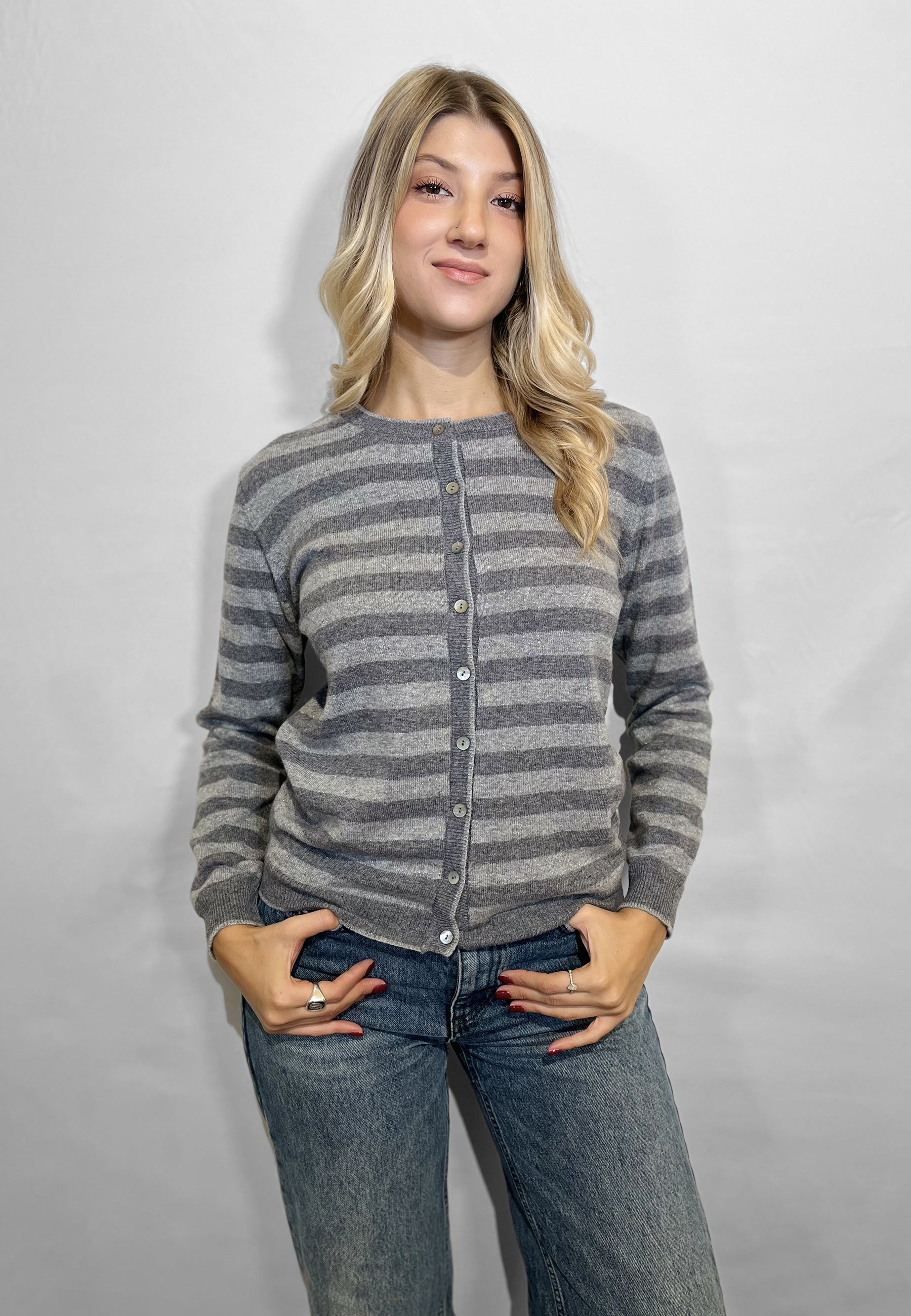 PREMODE Giacca Donna Maglia Coreana Lana e Cashmere Rigata ART. 345302